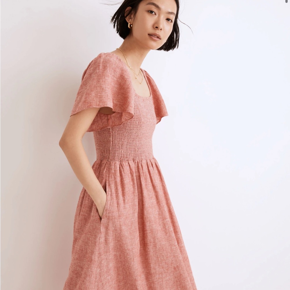 NWT Madewell Linen-Blend Lucie Smocked Midi Dress